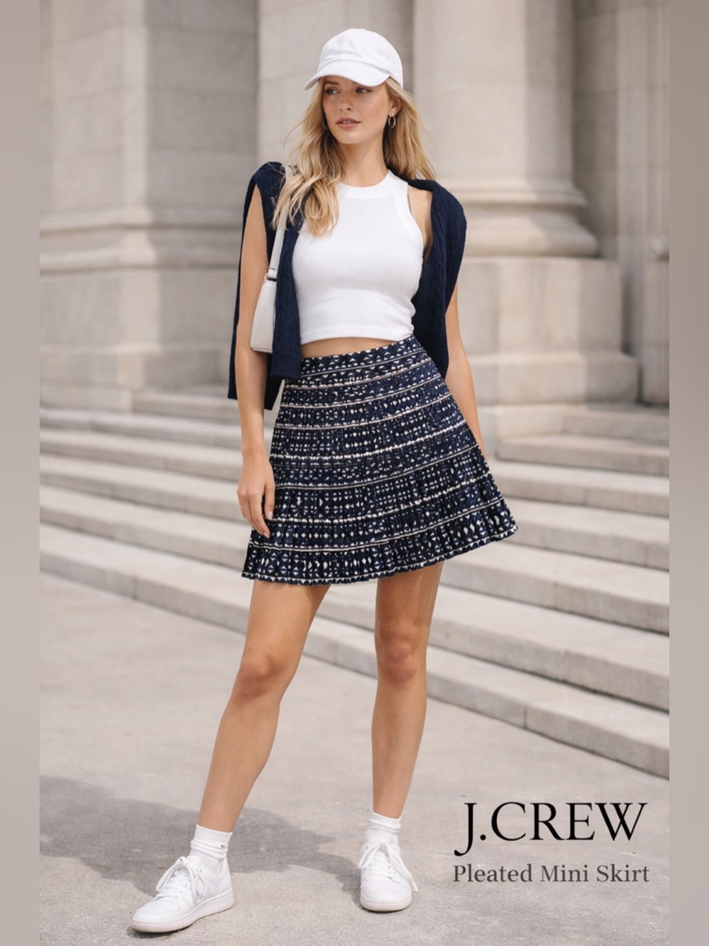 J.Crew Pleated Mini Skirt Blue Geometric Print Lined Size 4 Tenniscore Y2K